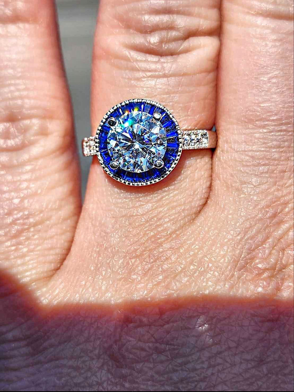 2 Carat Moissanite with Blue Pavé Cubic Zirconia 18kt White Gold Plated Sterling Silver Ring