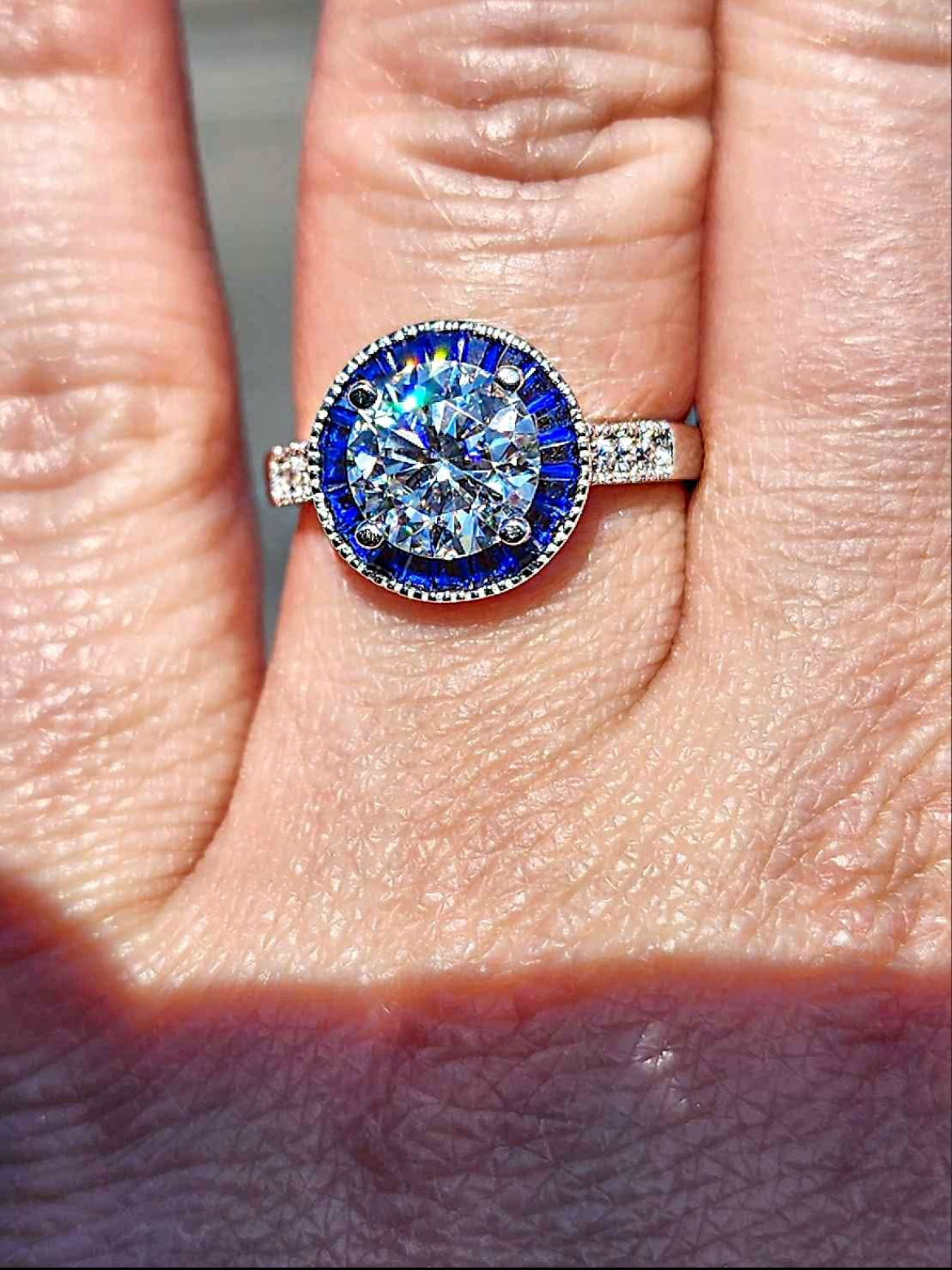 2 Carat Moissanite with Blue Pavé Cubic Zirconia 18kt White Gold Plated Sterling Silver Ring