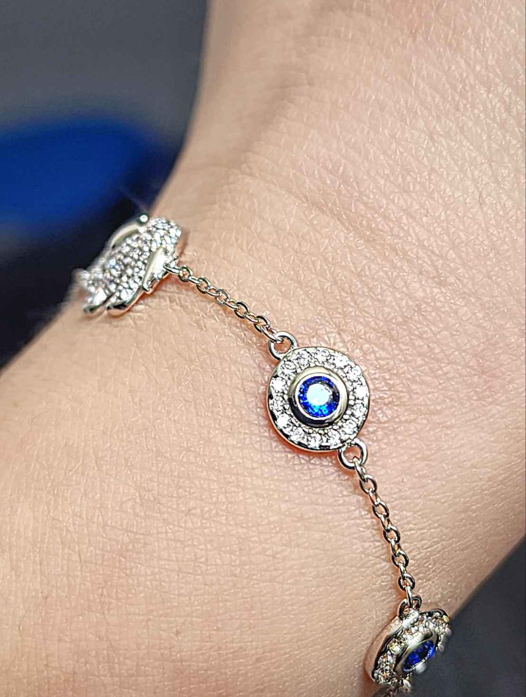 Elephant Clear and Blue Cubic Zirconia 18kt White Gold Plated Sterling Silver Bracelet
