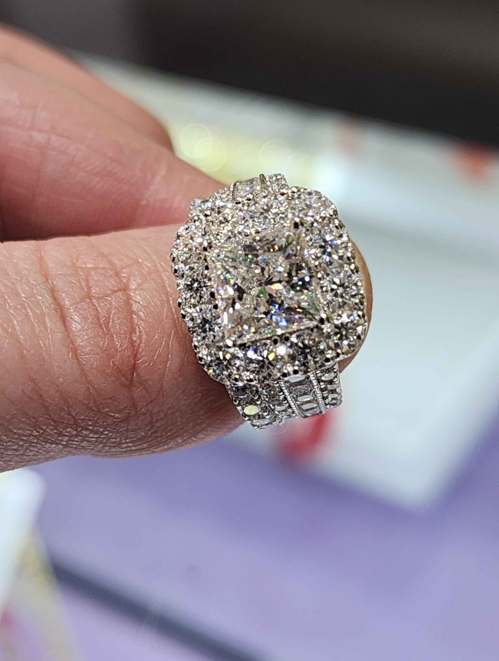 2.5 Carat Princess Cut Moissanite Rhodium Plated Sterling Silver Ring.