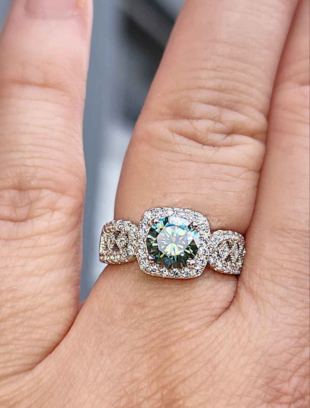 1 Carat Green Moissanite 18kt White Gold Plated Sterling Silver Ring