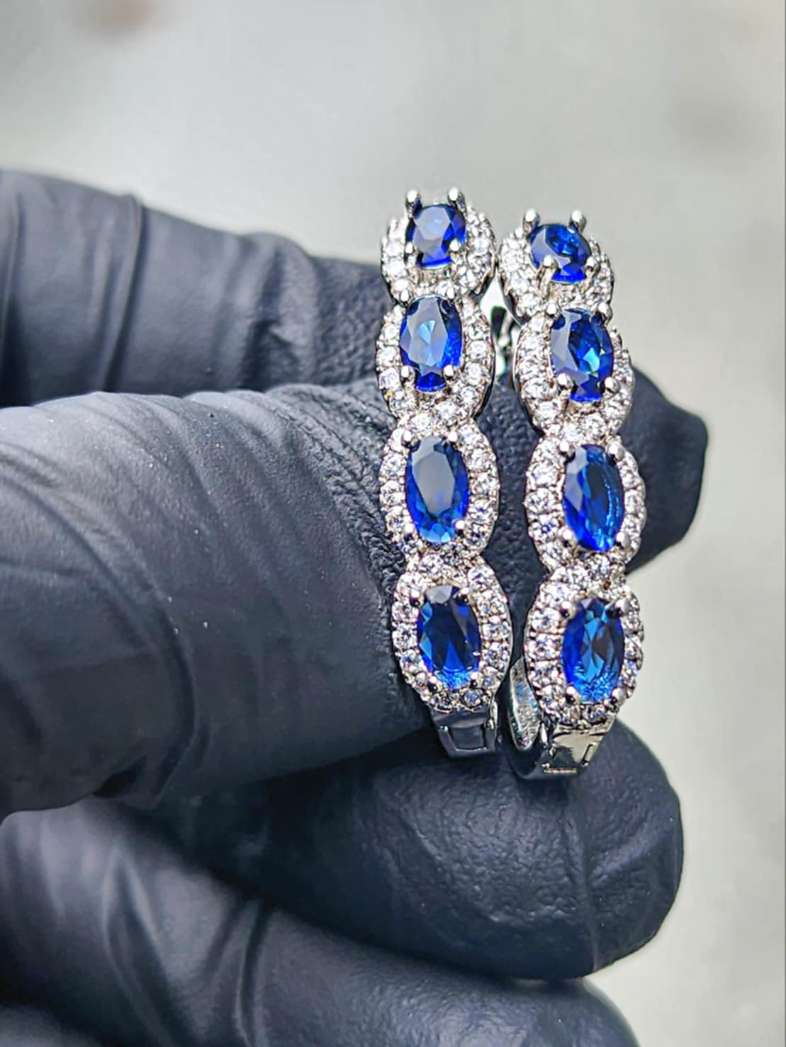 3 Carat Blue and White Sapphire 14kt White Gold Plated Sterling Silver Hoop Earrings
