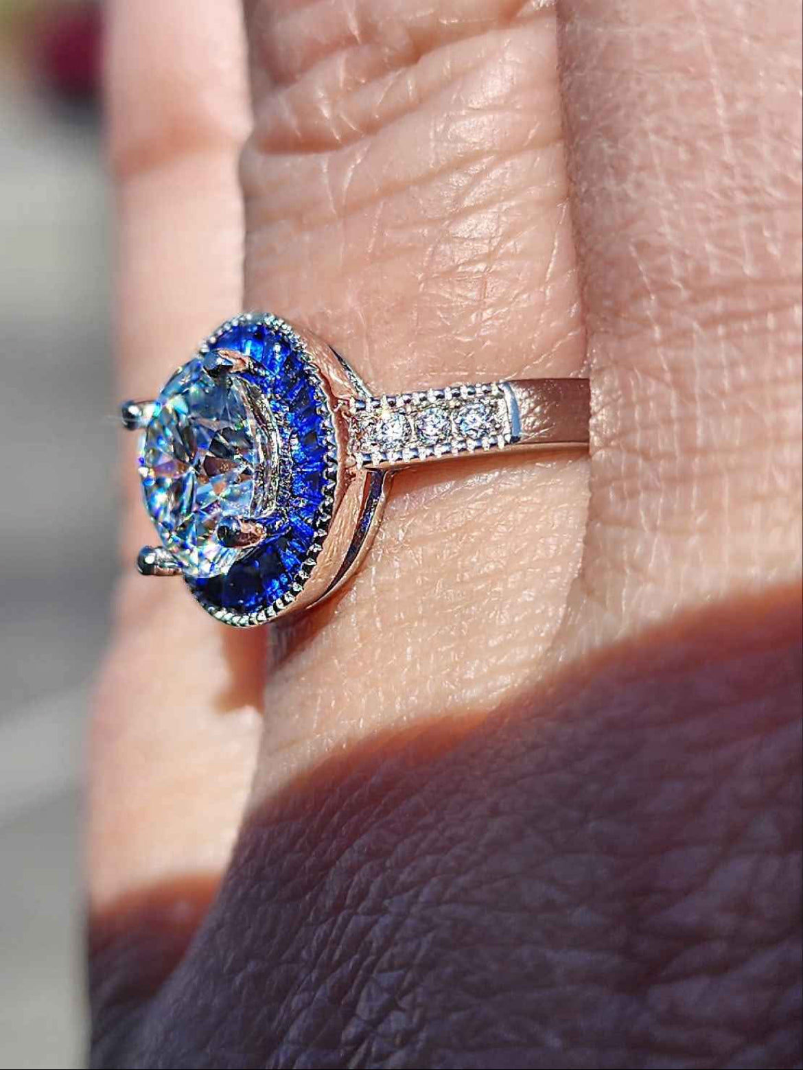2 Carat Moissanite with Blue Pavé Cubic Zirconia 18kt White Gold Plated Sterling Silver Ring