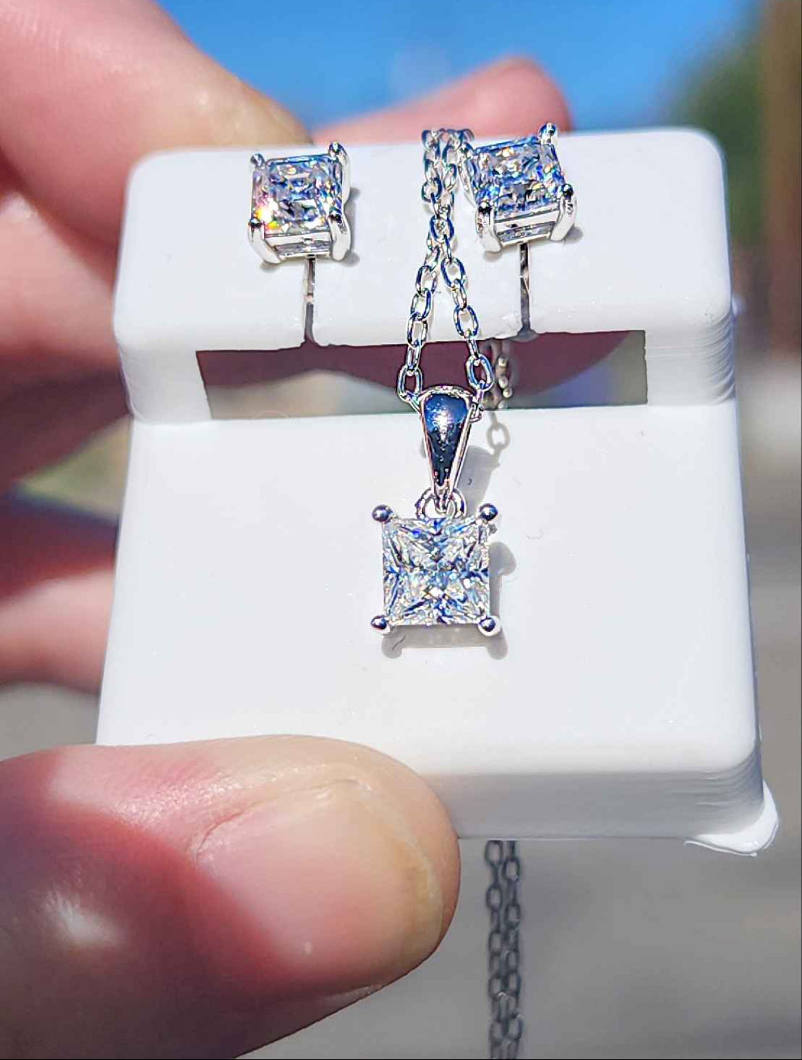 2.60 Carat Moissanite 18kt White Gold Plated Sterling Silver Earrings and Necklace Set