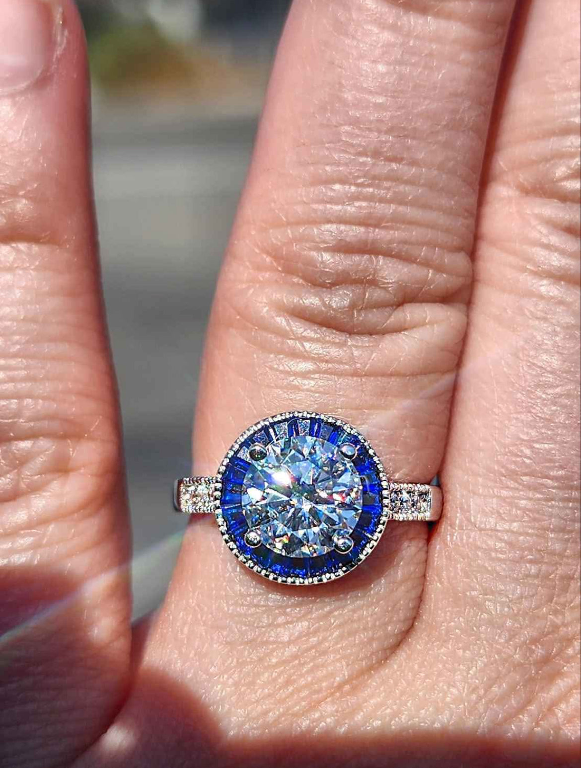 2 Carat Moissanite with Blue Pavé Cubic Zirconia 18kt White Gold Plated Sterling Silver Ring