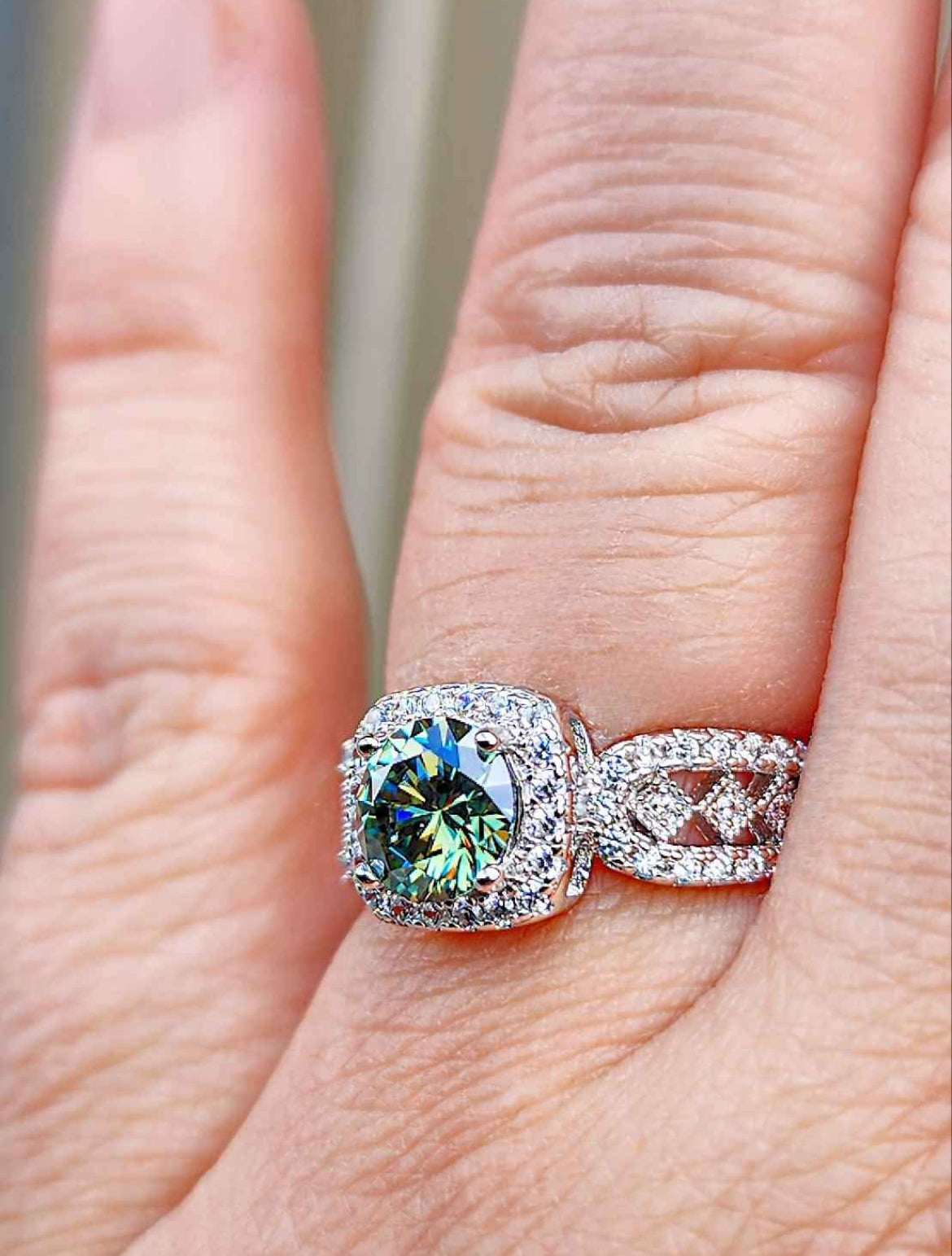 1 Carat Green Moissanite 18kt White Gold Plated Sterling Silver Ring