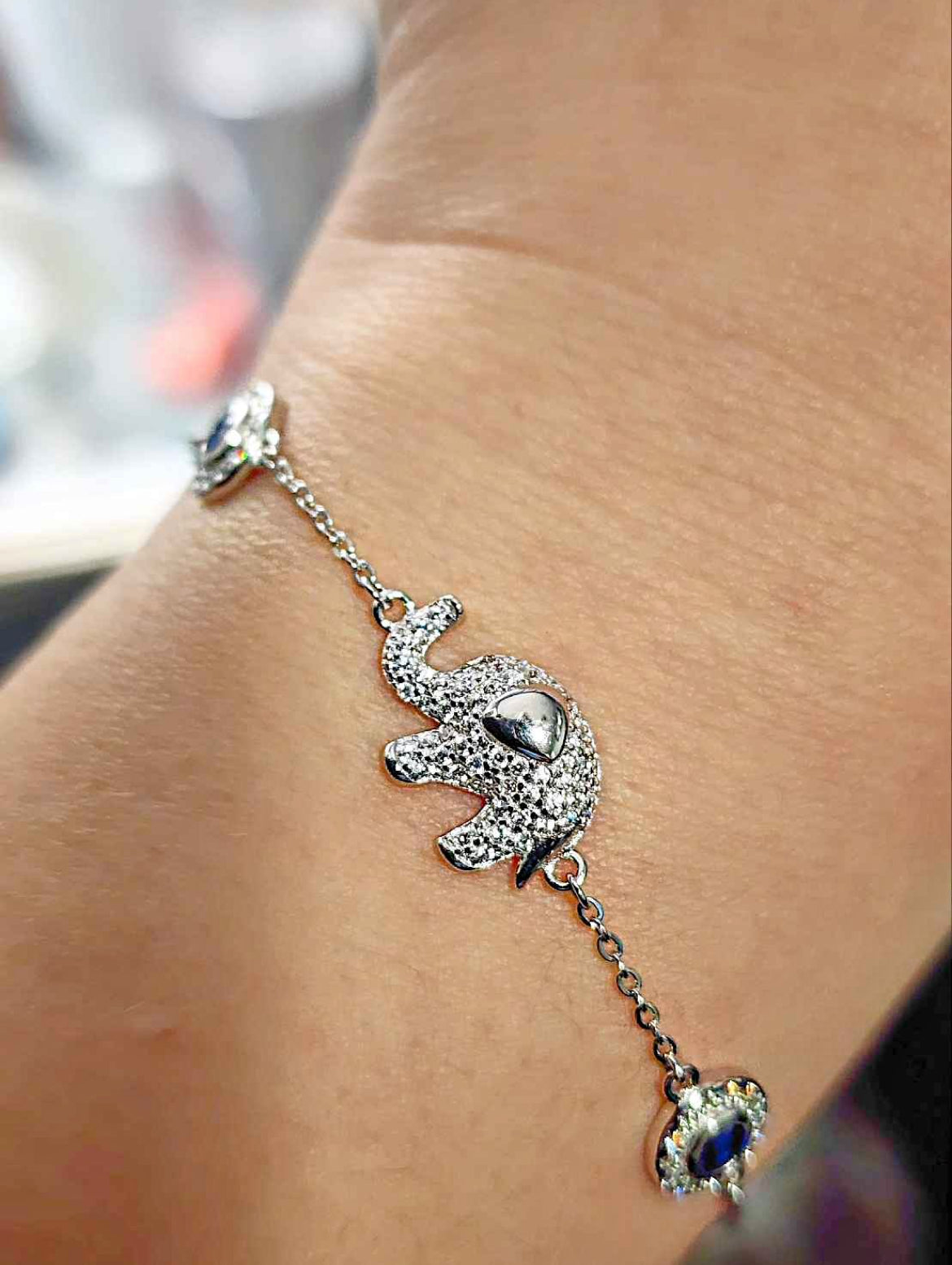 Elephant Clear and Blue Cubic Zirconia 18kt White Gold Plated Sterling Silver Bracelet