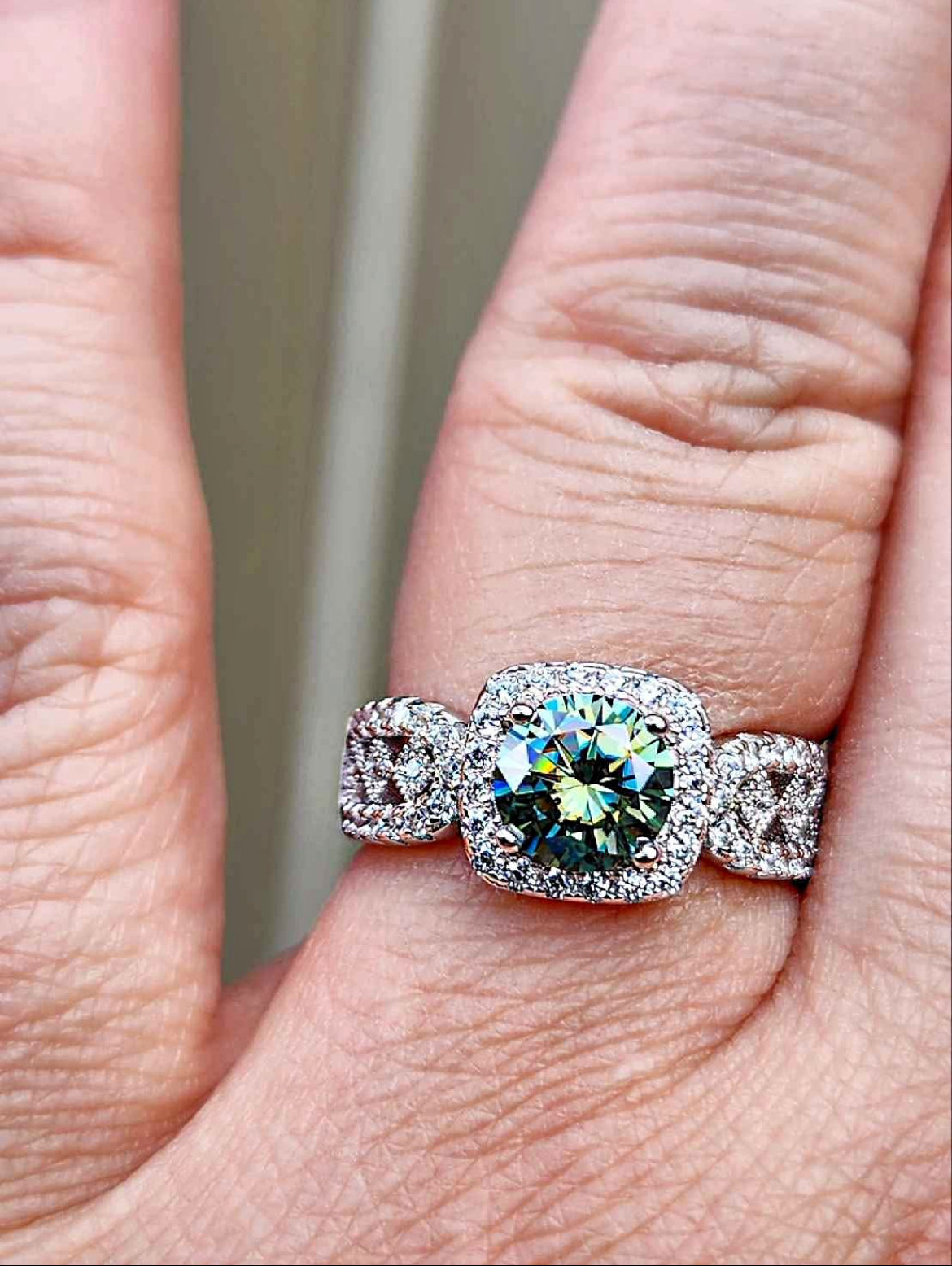 1 Carat Green Moissanite 18kt White Gold Plated Sterling Silver Ring