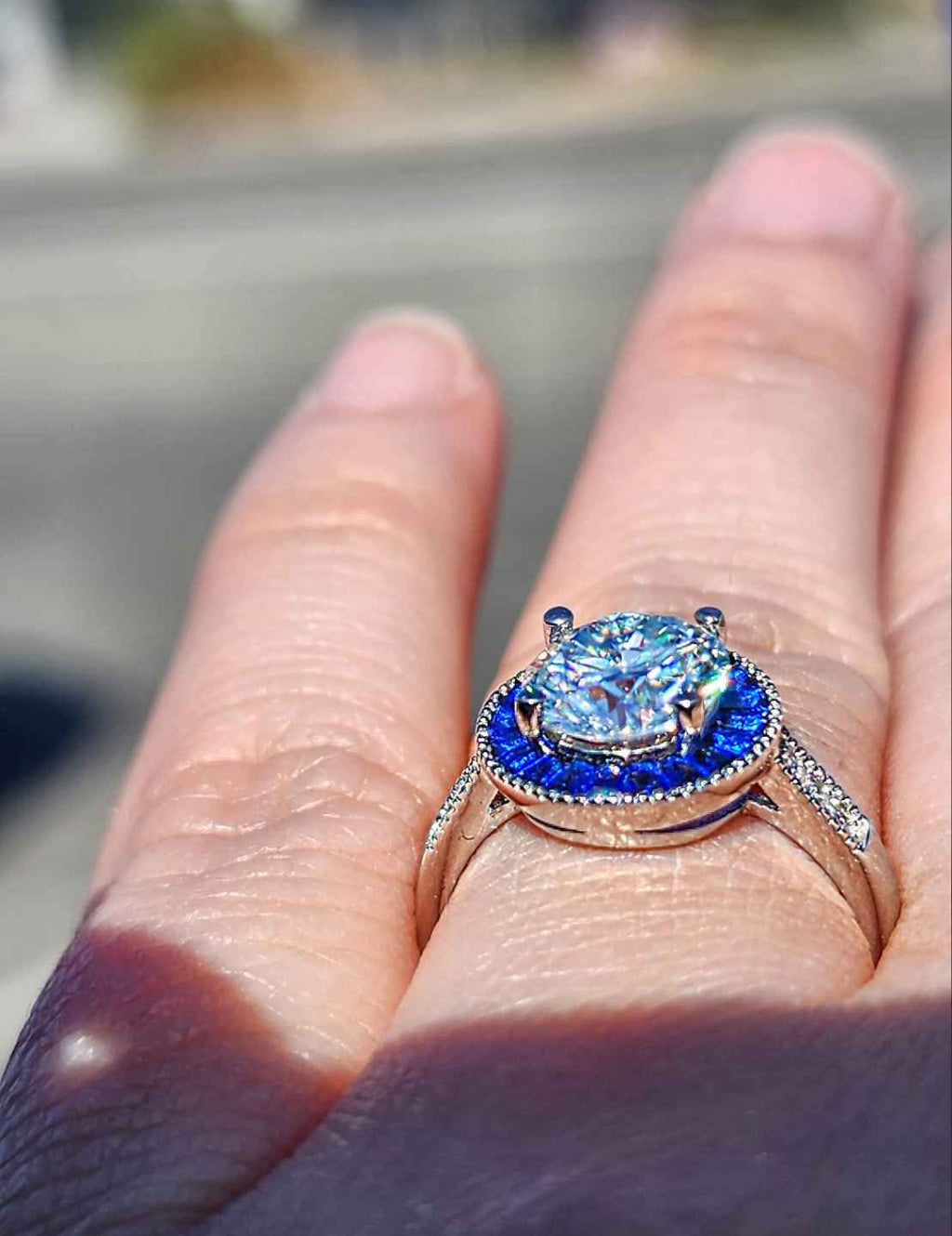 2 Carat Moissanite with Blue Pavé Cubic Zirconia 18kt White Gold Plated Sterling Silver Ring