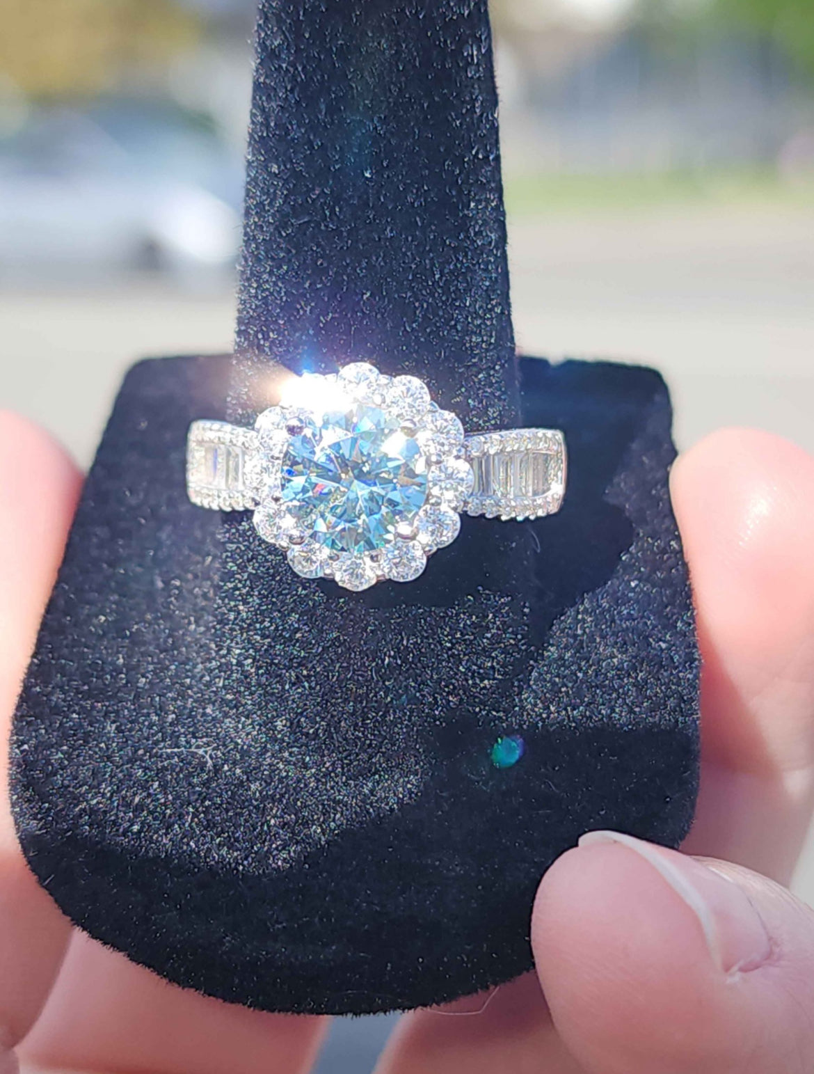 2 Carat Aqua Moissanite 18kt White Gold Plated Sterling Silver Ring