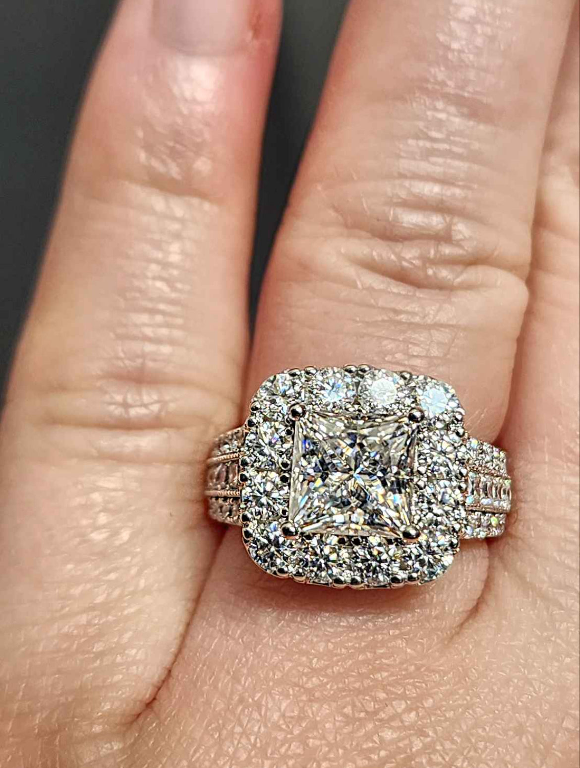 2.5 Carat Princess Cut Moissanite Rhodium Plated Sterling Silver Ring.