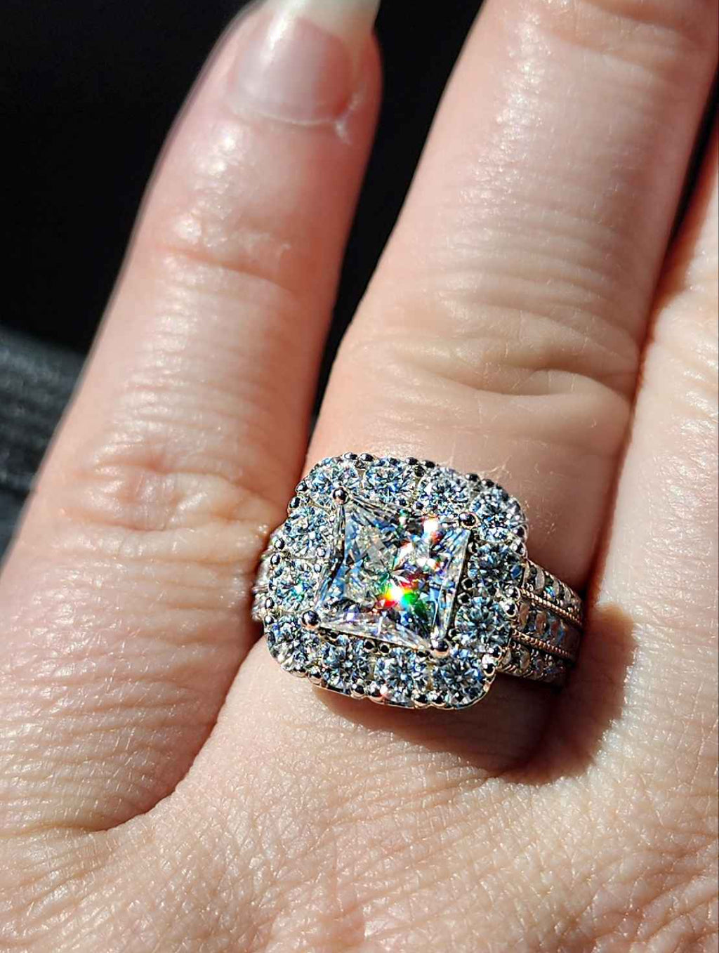 2.5 Carat Princess Cut Moissanite Rhodium Plated Sterling Silver Ring.