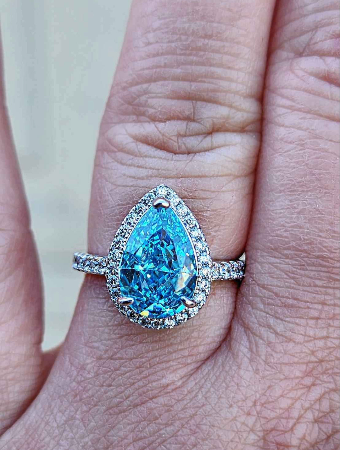 Aqua Teardrop Cubic Zirconia 18kt White Gold Plated Sterling Silver Ring