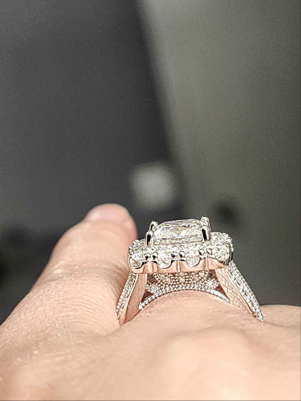 2.5 Carat Princess Cut Moissanite Rhodium Plated Sterling Silver Ring.