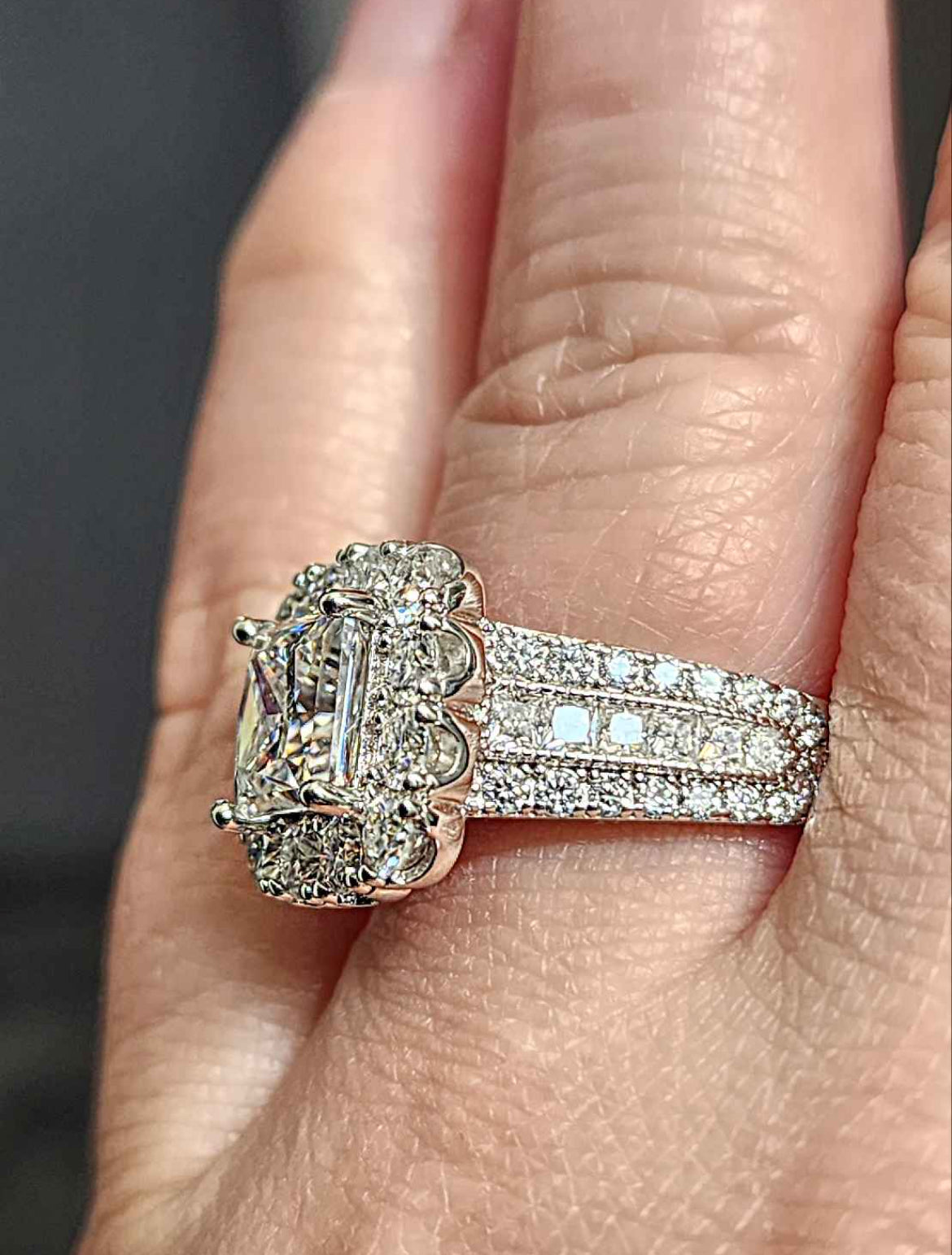 2.5 Carat Princess Cut Moissanite Rhodium Plated Sterling Silver Ring.