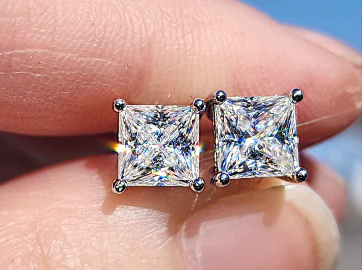 2.42 Carats Princess Cut Moissanite White Gold Plated Sterling Silver Earrings