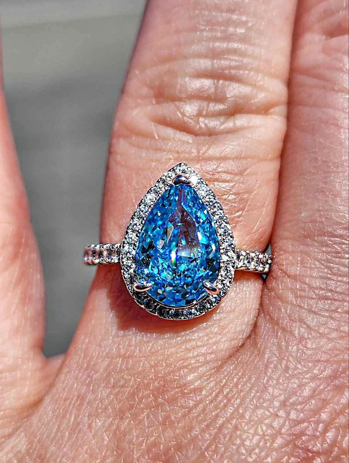 Aqua Teardrop Cubic Zirconia 18kt White Gold Plated Sterling Silver Ring