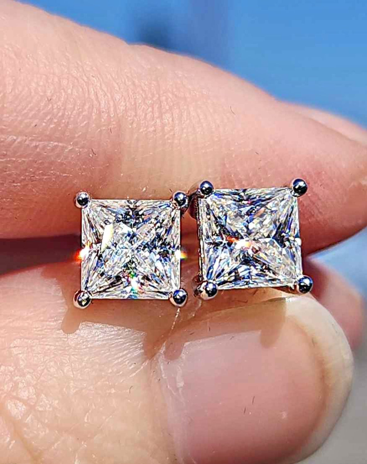2.42 Carats Princess Cut Moissanite White Gold Plated Sterling Silver Earrings