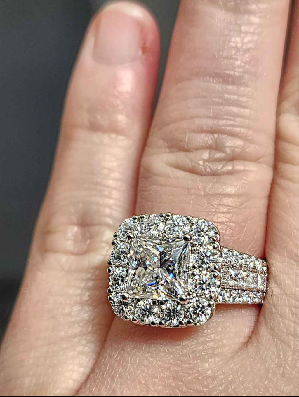 2.5 Carat Princess Cut Moissanite Rhodium Plated Sterling Silver Ring.