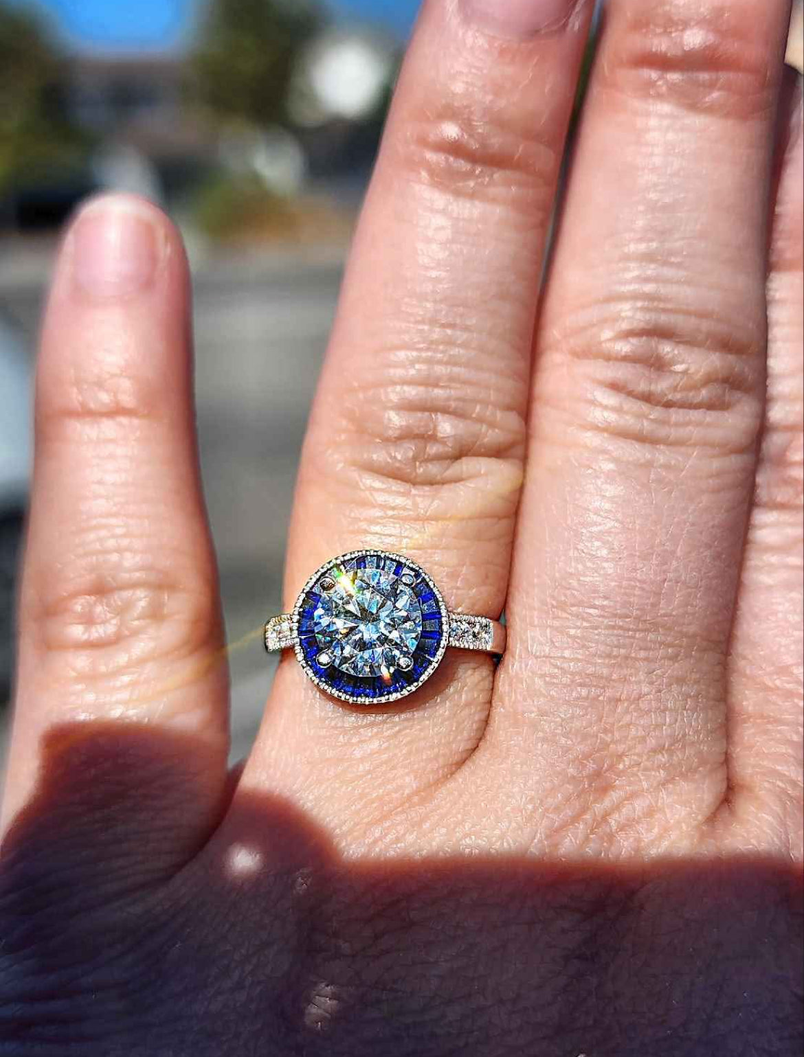 2 Carat Moissanite with Blue Pavé Cubic Zirconia 18kt White Gold Plated Sterling Silver Ring