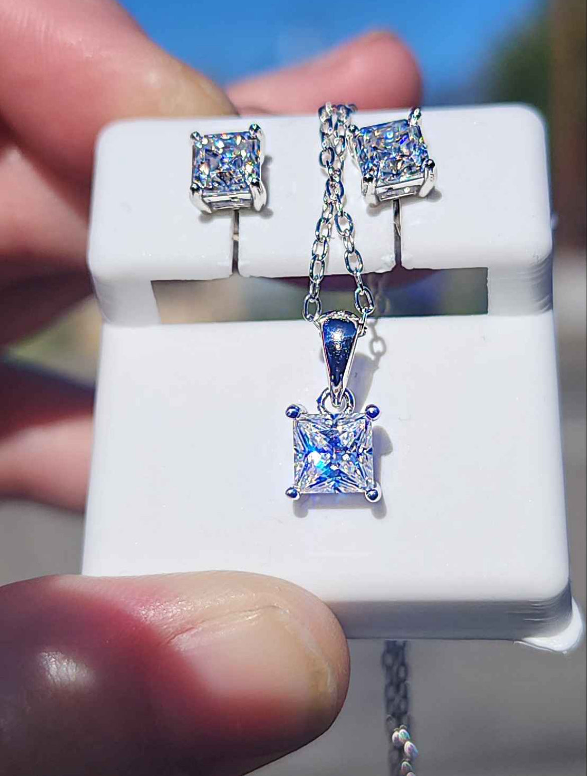 2.60 Carat Moissanite 18kt White Gold Plated Sterling Silver Earrings and Necklace Set